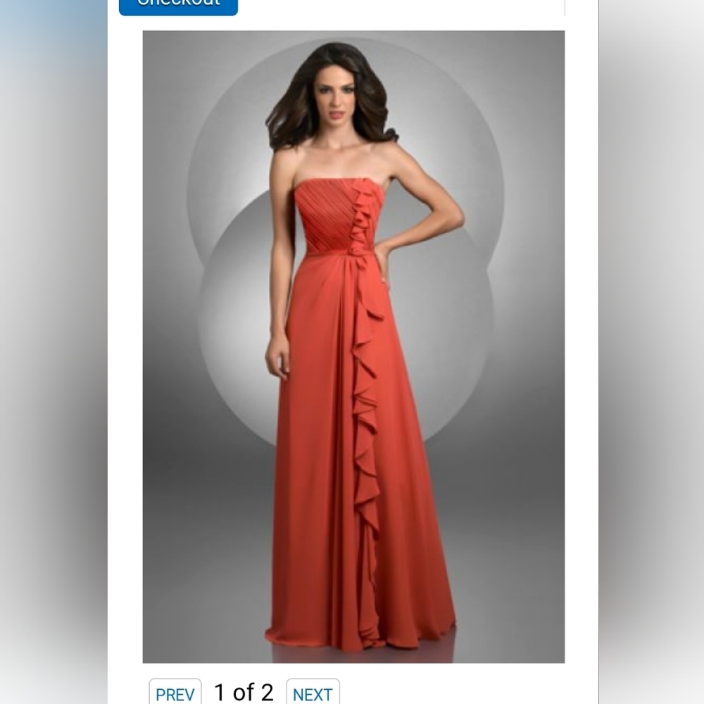 Bari Jay brand size 12 coral strapless gown.